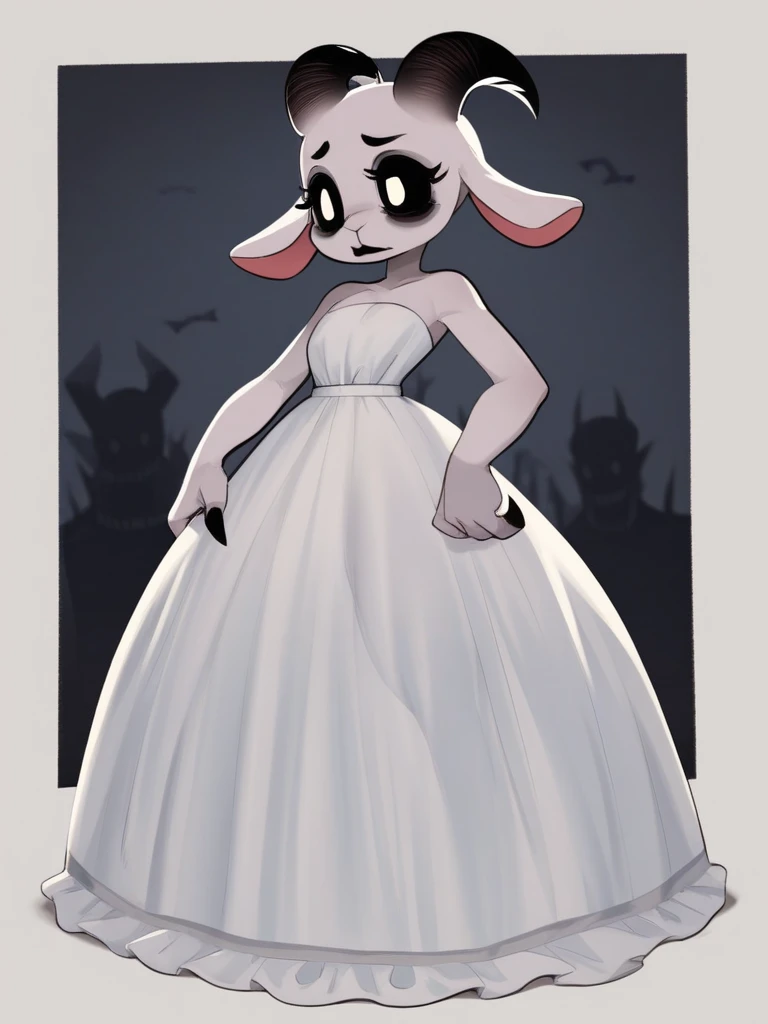 furry female goat , horror movie , scream , Fear, creepy , Behind her is a giant Satan
 , Tall, long eyelashes, deep dark eyes, beautiful hair, beautiful bone structure 
, erotica , Transparent lacy dress
, Mature , Euphoria , (coquettish) , (bold action) ...