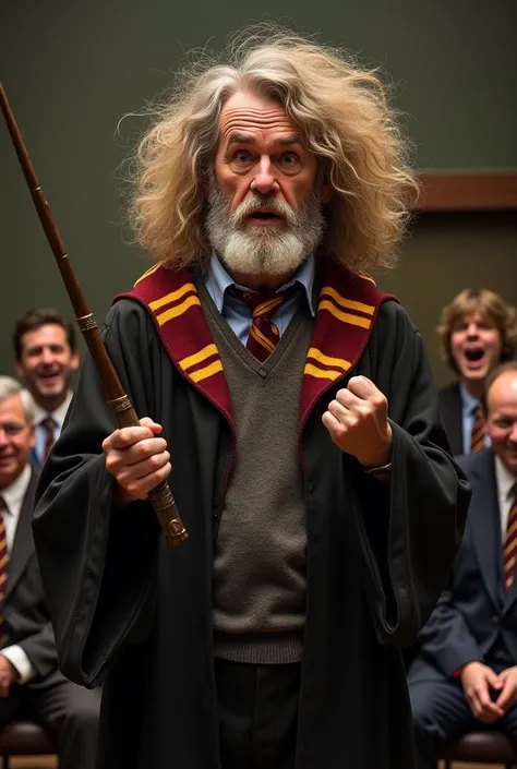 "A hyper-realistic and hilariously absurd depiction of a 42-year-old man auditioning as Hermione Granger. The man has a scruffy beard, heavy wrinkles, and an awkward expression, dressed in an overly tight Hogwarts uniform. He wears an exaggeratedly oversiz...