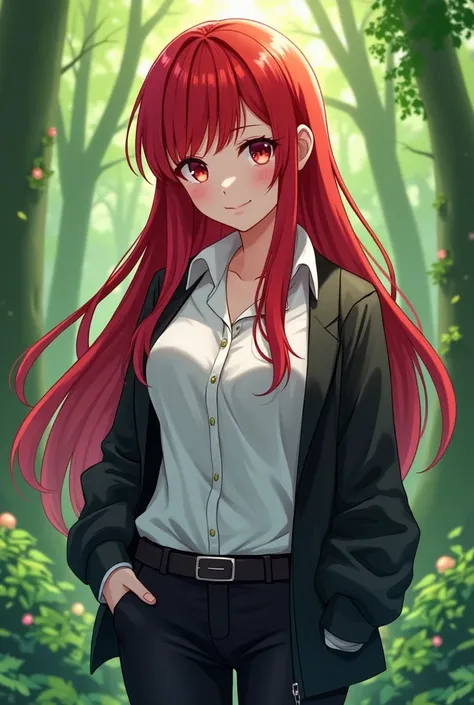  anime girl drawn with the lines of a fair-skinned anime, long red hair that crosses her waist ,  red eyes ,  Wearing a white shirt ,  an open black jacket and black pants in a forest