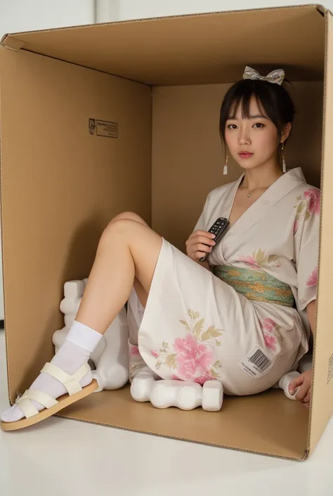 Imagine a beautiful adult Japanese girl with brown hair tied in a traditional way, Beautiful and realistic face, in long traditional yukata dress, in white socks and wood sandals, cold look, with earrings and necklace, that is covered in plastic, with a gi...