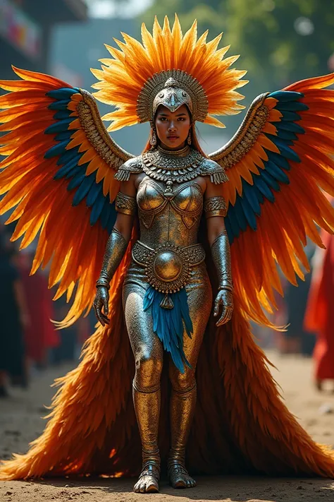  Help me create a full body carnival costume inspired by an indigenous cacique god named Guaicara ( Almighty God ) with a splendorous and shiny eagle plumage and with an eagle as its spirit animal 