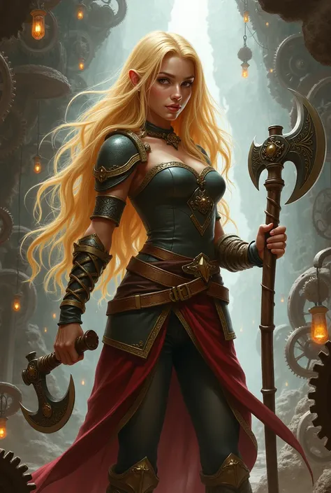 Character dnd,  dwarf inventor with blond vlos beautiful girl, female character
Weapon : hand ax 

