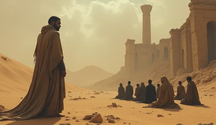 A very clear ultra hd dynamic image of"A desolate land with ruins buried under sand, a prophet and his followers praying with gratitude, and a calm but somber sky reflecting the aftermath of destruction, 1024x1024."