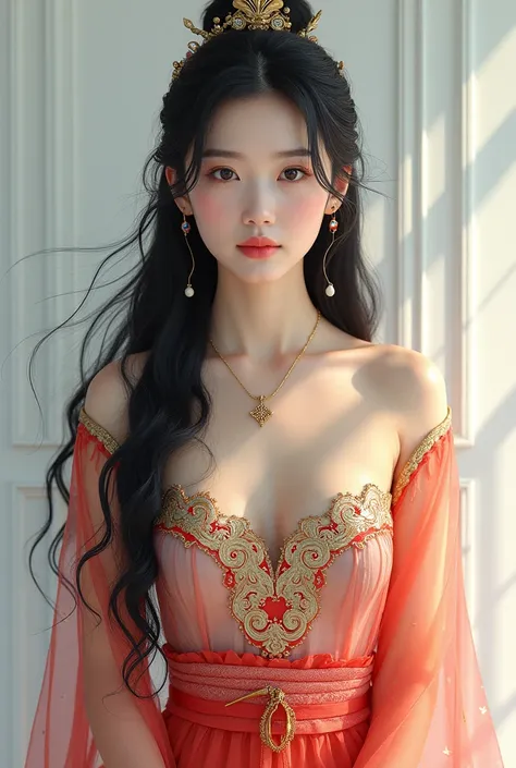 original photo.  full body of an Asian woman ,  long black hair,  facing the camera , she is wearing a Korean style dress,   text  "  Rosmiati Oleng "  correctly and detailed , ulrta HD ,  high-resolution 16k 