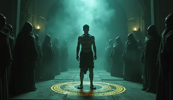 
A human man standing in a dimly lit alien ritual chamber, surrounded by mysterious alien figures. The atmosphere is tense and electrifying, with glowing symbols on the floor and walls. The human appears both intrigued and caught in the ritual, his express...