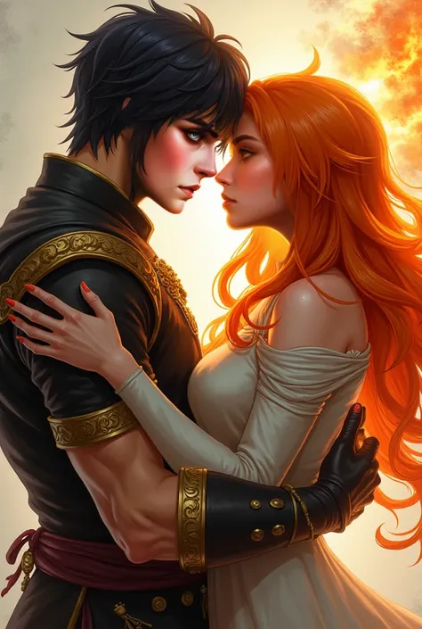 High Resolution, Masterpiece, Accurate, High Detail, High Quality, Textured Skin,  A young man ,  black hair, dark eyes,High,  broad shoulders , fire mage, hugs the girl and looks her gently in the eye ,  girl ,  bright orange hair, fire mage,  icy blue ey...