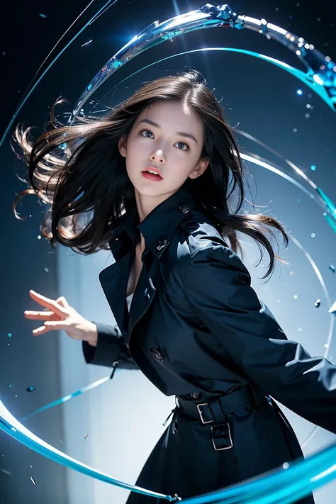 ( top quality , masterpiece),(1 woman,  Korean, Trench coat, Facing Faces ,  blue eyes,  looking at the viewer,  Black Hair , Close your mouth,  dress shirt, black skirt,  touching the viewer ), (Many pieces of blue glass are swirling behind the blue light...