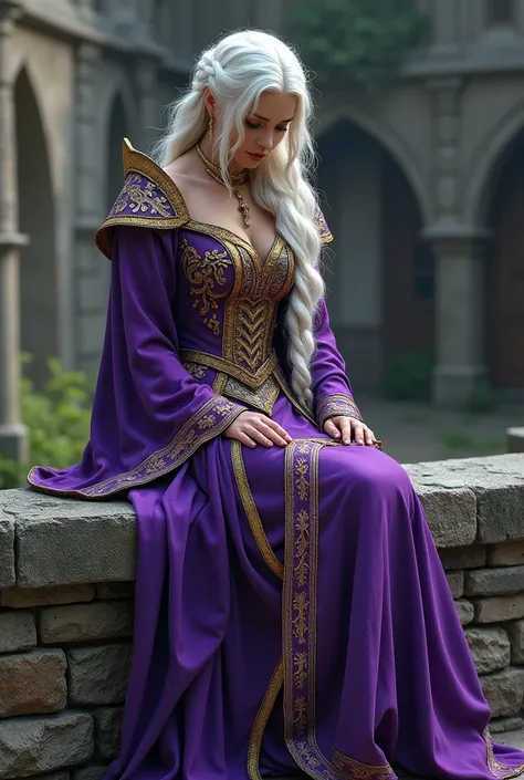 A femail mage in purple and gold robes. She look as if from viking age, her robes are slightly showy. Her white hair braded in complex sty leaning oh her lect shoulder. She is sitting on a wall looking down.