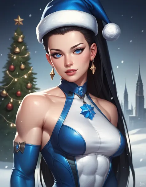 female sleeveless catsuit, bare shoulders, racerback, long gloves, toned arms, beautiful faces, black ponytail with showing forehead, long ponytail, earrings, soft smooth skin, pale skin, winter city background, blue eyes, sci-fi, high contrast, christmas,...