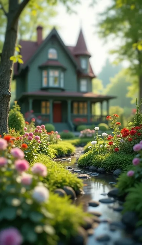 A beautiful garden. A garden behind a blurry house.