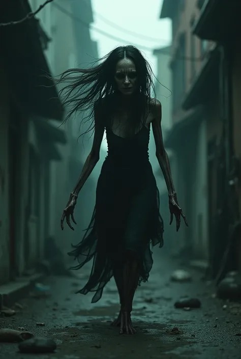 Creepy woman with long hair, horrible looks and feet turned upside down in a dark alley, her eyes are completely white.