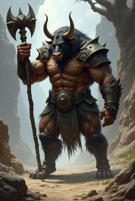 Generate a minotaur with basic armor, a very dangerous war mace.