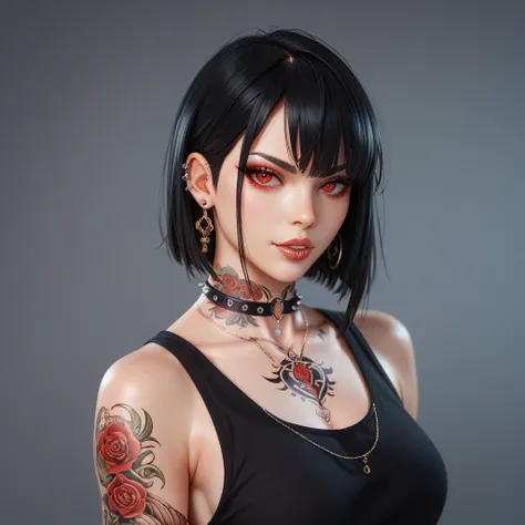  one man with holes 、 TATTOOS FROM NECK TO ARM、 black hair,  red eyes,  CHARACTER DESIGNS , 最 High Quality ,  high definition model,  High Quality ,  lots of piercings 、Black clothes、 is cool