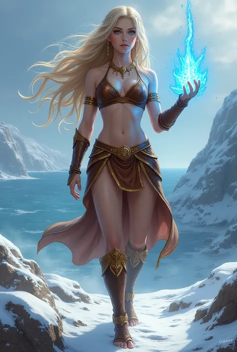 human, female, long blonde hair, tall, blue eyes, light skin, large breast, stand a little to the side, brown skinny leather armor, brown skinny leather skirt, gold belt, gold sandal, gold hair ornament, gold earrings, from the hand comes out a short beam ...