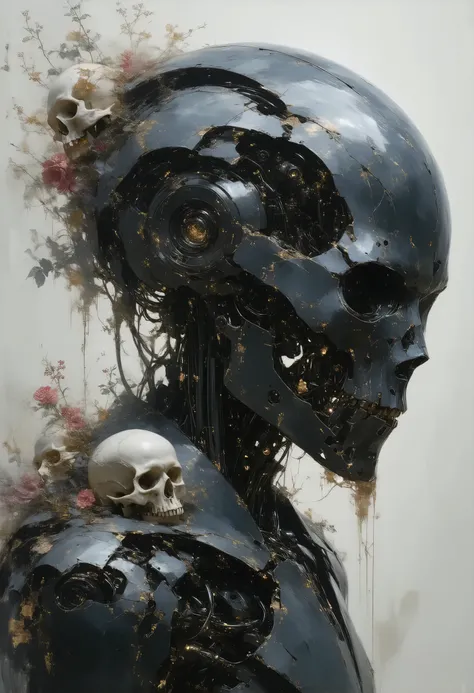 Beautiful robot with dead flowers and skulls, by Charlie Bowater, by WLOP, by Artgerm, by Legend of the cryptids, Digital Art, Glitter Black and vibrant, 5D, HD, Polished, Wires, Bone, insanely detailed and intricate, hypermaximalist, elegant, ornate, hype...