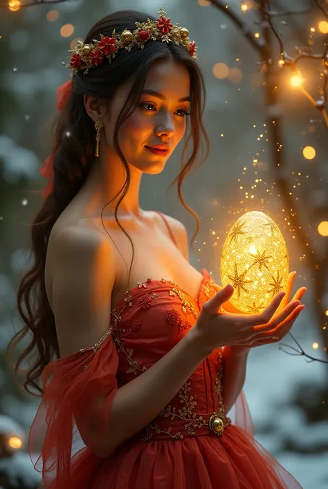 Create an image of a woman wearing a Christmas dress, holding a golden egg.
