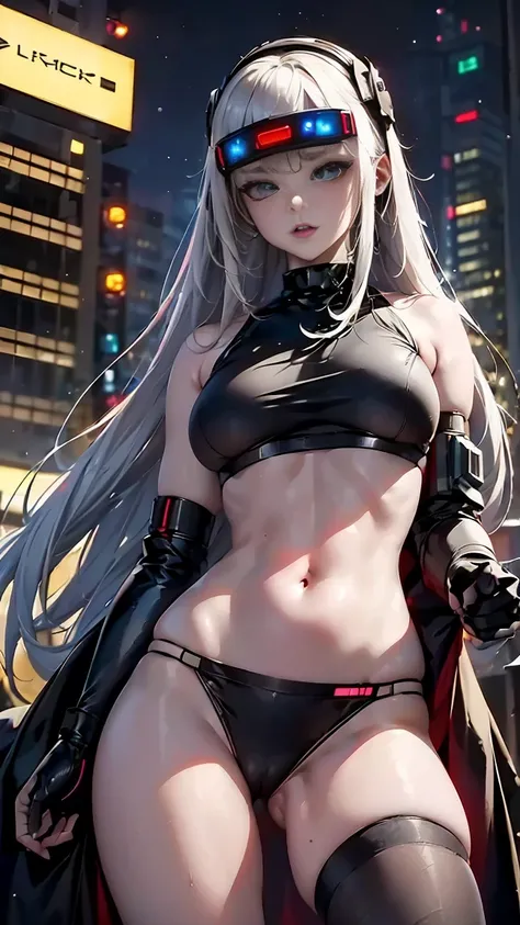 beautiful cyberpunk girl wearing a futuristic head mounted display,  (finely detailed skin), pale skin, (in a deep neckline highly detailed sexy futuristic cyberpunk black crop top and underpants made of circuit boards, cybernetics, japanese words with a f...