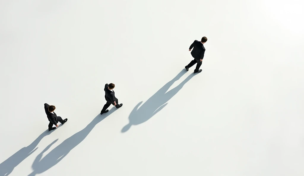 Overhead photography of people walking diagonally, completely white background, studio photo, accentuated shadows, Dutch shot, editorial photography