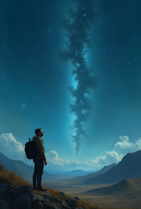 A man alone In a far land contemplating life happy seeing the stars 