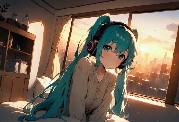 ((Best Quality)), (masterpiece), wide-angle view of a cozy, bright room during golden hour. Hatsune Miku sits by the window, wearing headphones, with teal twin tails and a serene expression. Warm sunlight streams through the window, casting a soft glow ove...