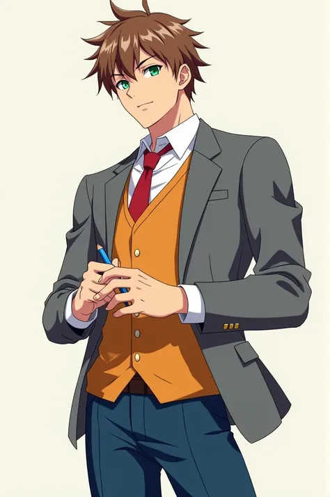 A 24-year-old anime boy with pale brown hair, green eyes, school uniform, short gray coat, folded hands, orange vest, blue pants, dark brown shoes, red tie, holding a blue pencil, tall 180 which is a muscular body