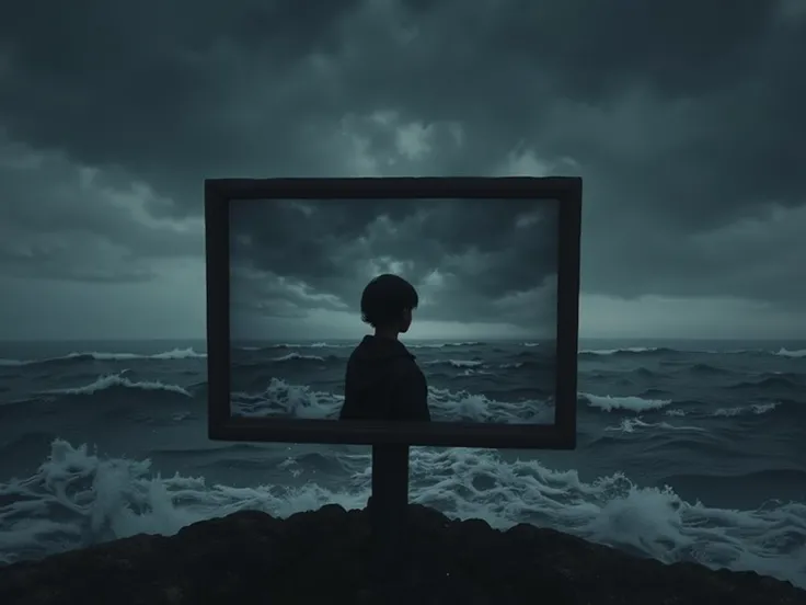 A rectangular mirror looking straight ahead above the stormy sky and the ocean with waves, and the black silhouette of a person reflected in the mirror