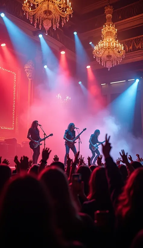 (photorealism:9.16), A lively concert scene featuring a live performance by the Guns and roses band in a grand and luxurious venue.  The atmosphere includes magnificent chandeliers , gold and marble details ,  and the stage is decorated with dramatic light...