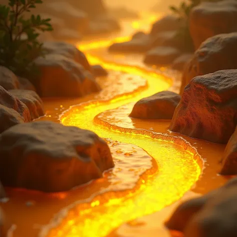 "A thick stream of molten gold flows smoothly, glowing under the soft sunlight, creating an air of opulence."