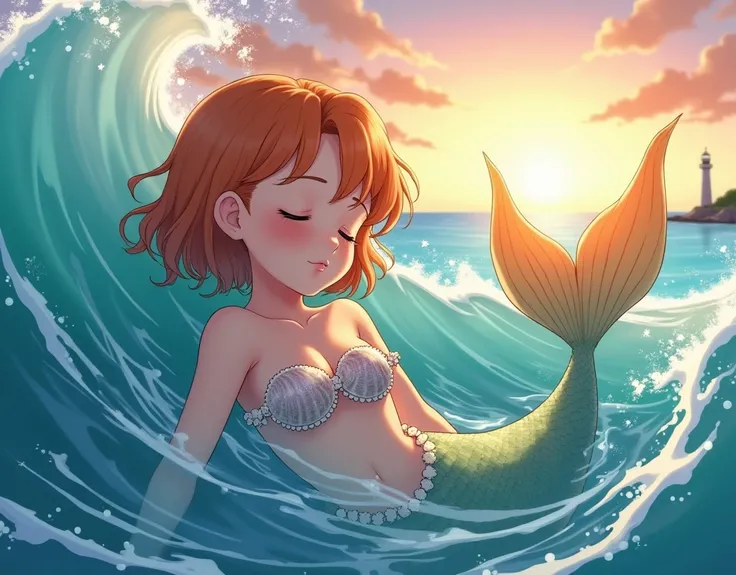 Masterpiece,Best quality, Anime style, Young mermaid girl, orange hair, short hair, sleeping in the waves, cute sleeping face, shells covering her chest, big breasts, ocean, sunrise, lighthouse visible in the distance, beautiful shining in the light of the...