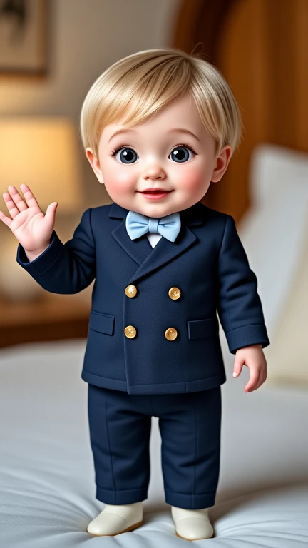 A cute baby version of a young, elegant character with soft, blond, slightly tousled hair and large, expressive eyes. The baby is dressed in a miniature, baby-friendly version of a navy-blue double-breasted suit with tiny gold buttons, a crisp white shirt,...