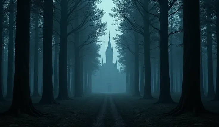  realistic dark night forest in the middle of nowhere full of tall trees in a row that fill the entire image, In the background of the distance you can see a Danish castle,  dont make dirt roads , Only forest 