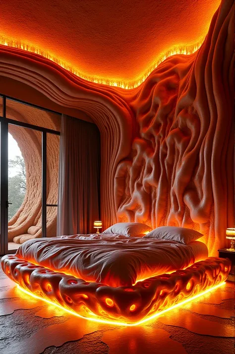 Create a image of lava design unique bed room. Hd and ratio 9:16.