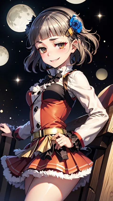 (((solo))), 1 woman, Sakuya Kurobane, sakuyaunif, kurobane_sakuya, (brown eyes), short hair, grey hair, black hairband, blue hair flower, red eyeliner, chest, blush, smile, (upper body), santa claus