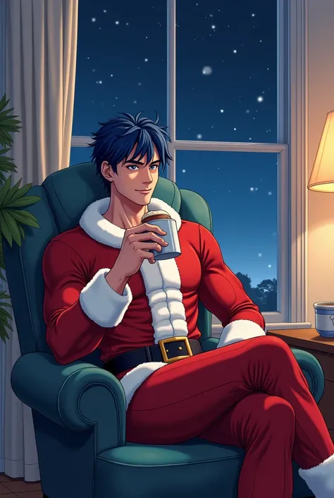 Handsome 25 year old guy. Swimmer body type . Dark blue hair. dark blue eyes . Smiles impudently. Sits on a chair dressed as Santa Claus and drinks hot chocolate. looks out the window, which night is behind. in anime style.