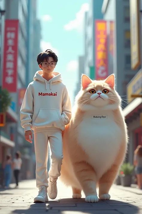  Handsome guy,wearing clear glasses,mamakai hodie in white there is BABANG EKYU writing , wears white pants , walking next to a giant big Persian cat,in the city