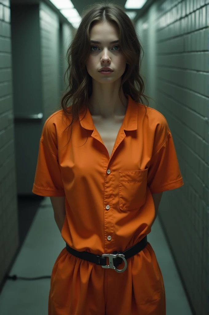 Pretty girl in jail with handcuffs on her back and an orange jumpsuit