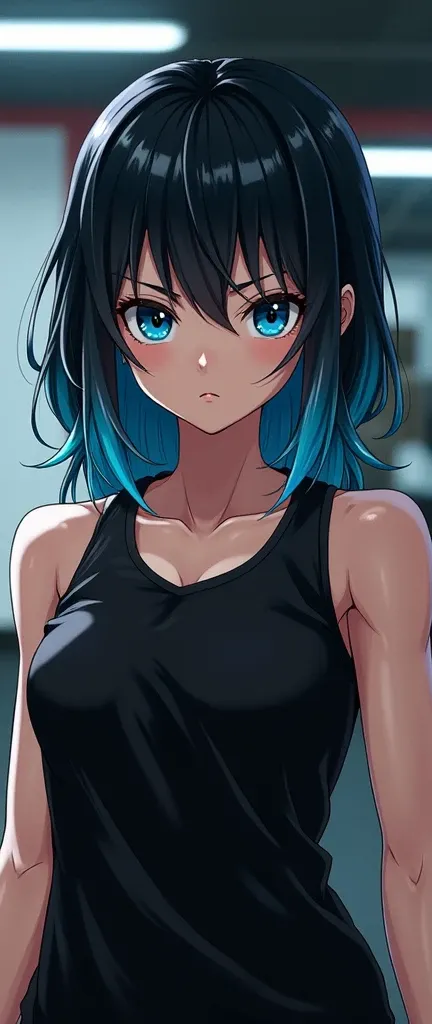 Black-haired girl with her tips painted blue with a serious look with strong blue eyes in a sleeveless black shirt with a neckline in a gym 