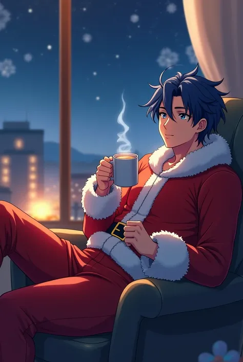 Handsome 25 year old guy. Swimmer body type . Dark blue hair. dark blue eyes . Smiles peacefully. Sits on a chair dressed as Santa Claus and drinks hot chocolate. looks out the window, which night is behind. in anime style.