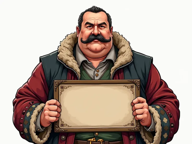 Russian man , thick, with a mustache, Wearing traditional clothing, similar to a merchant ,  holding a logo with the name MERCHANT,  illustrations without a background ,  transparent background 