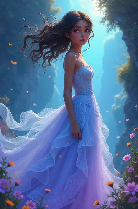 A mixed race girl in a beautiful dress 
Mainly white as a complement of light blue and purple
The healing style shines like a wonderland, dynamic and dreamy, the vitality of nature, like a flowing nebula , Graffiti style