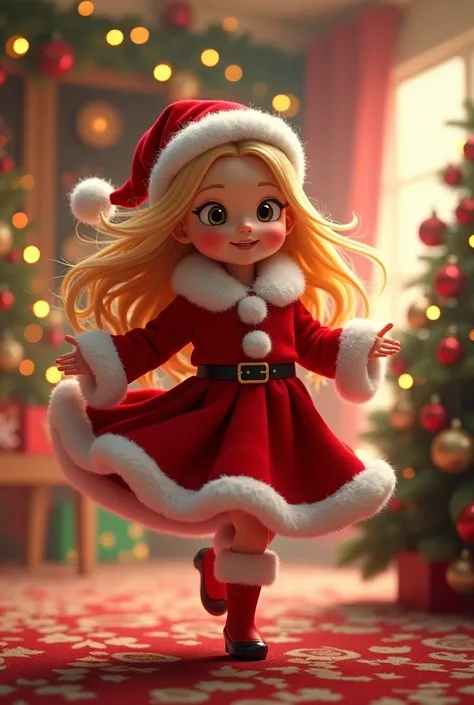  top quality,  high definition ,  Santa　Baby dancing in a room full of Christmas decorations 　 blur the background　Blonde long hair　Cute Smile