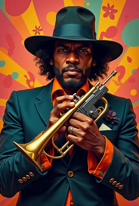 Chuck Mangione with a 9mm pistol and a trumpet from the "feels so good" album 