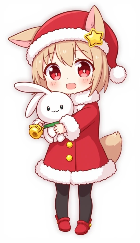 Here is the translation:

---

This character is wearing a Christmas-themed outfit.

- **Head**: Wearing a red Santa hat with white fur and a yellow star decoration. The ears are sticking out of the hat, adding to the cuteness.
- **Eyes**: Large with red p...