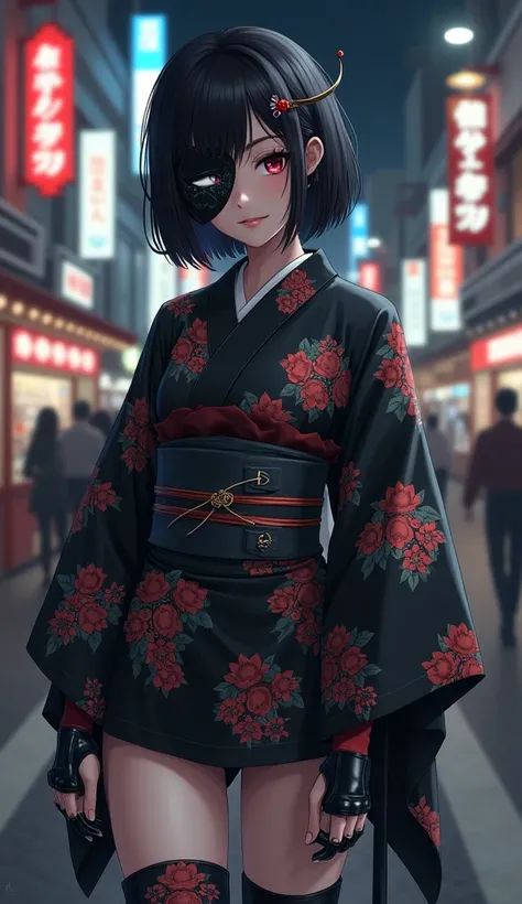  Japanese、woman、18 years old、 bob cut、Im wearing a demon mask with only half of the right side、 pretty girl、 wearing a short kimono with a floral pattern on a black background、 long boots、Wearing iron knuckles on her hands 、The background is a night city、