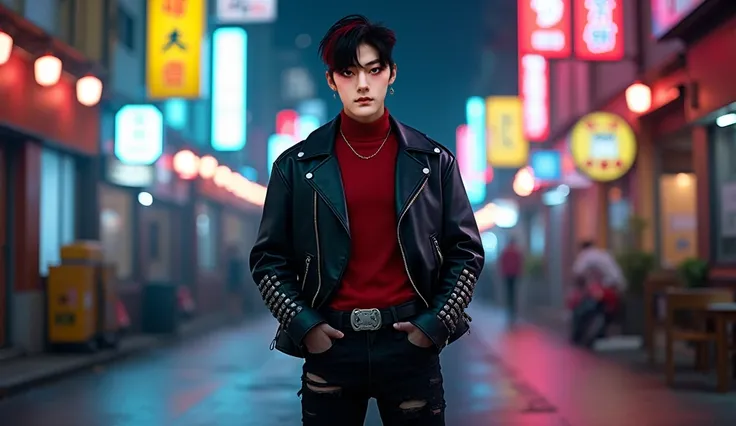 "Generate an image of a full-body view of a 23-year-old Korean boy standing confidently on a dimly lit urban street at night, with vibrant, flickering city lights and neon signs creating a dynamic bokeh effect in the background. He has a cool and charismat...