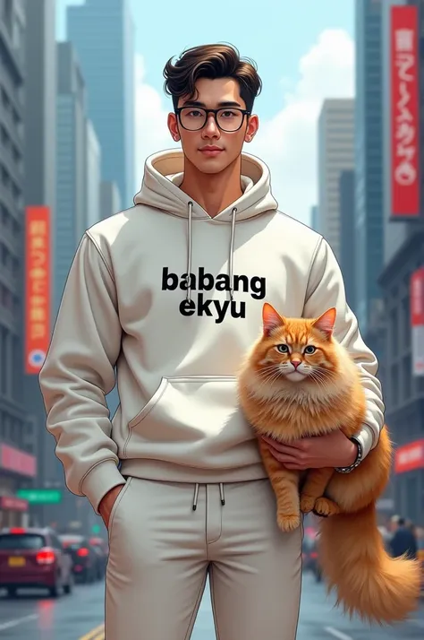 A handsome man ,wearing clear glasses, wears a white hodie with the inscription  "BABANG EKYU ", cusses white pants , walks next to a giant big Persian cat in the city