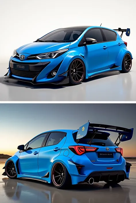 Toyota Yaris super tuned and modified color blue sports style with wide body 2 photography styles a single background 