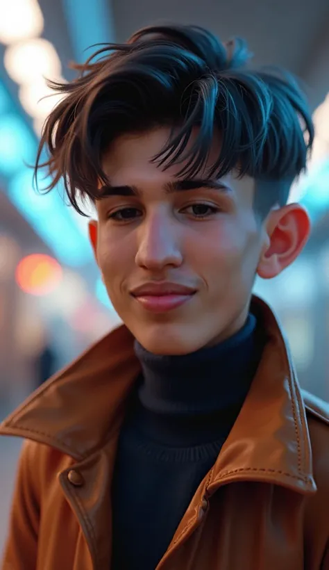  Create a portrait of a young man with a lively mood ,  friendly expression . He has very short black hair with subtle blue highlights ,  styled with a taper fade cut in a slightly wavy look.  Hes wearing a brown leather coat over a dark navy blue shirt , ...