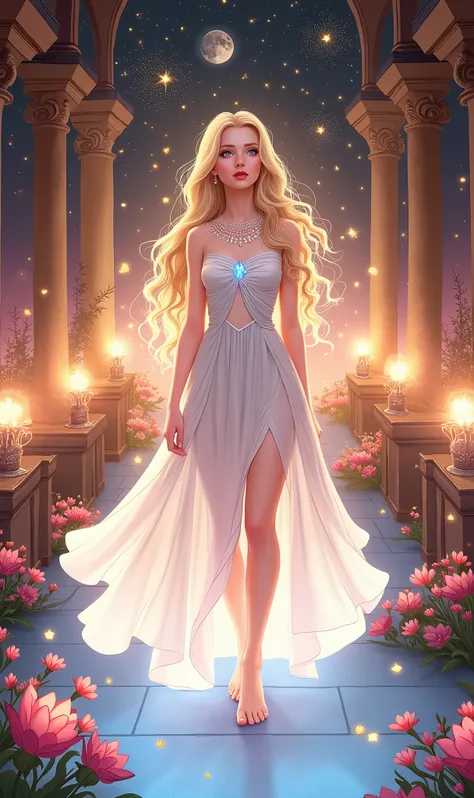 On the cover of the book, Fantasy, magically, red-blue shades, flowers, girl, long pale blonde wavy hair, lilac eyes, in a white light fantasy dress, crystal jewelry, bright halls of the castle, night, stars, hd