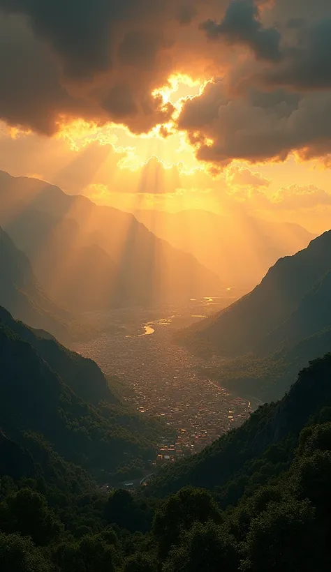 A breathtaking view of sunlight breaking through dramatic dark clouds, casting golden rays over a mountainous landscape at sunset. The mountains are surrounded by a sprawling city glowing with warm lights, creating a serene and majestic atmosphere. The sce...